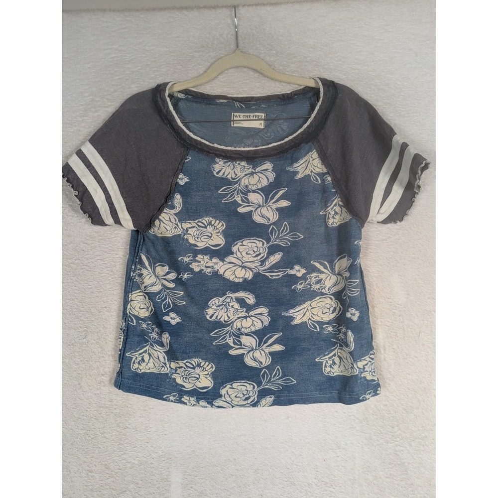 We The Free T-Shirt Women's M Blue Floral Raglan Striped Sleeve Raw Hem